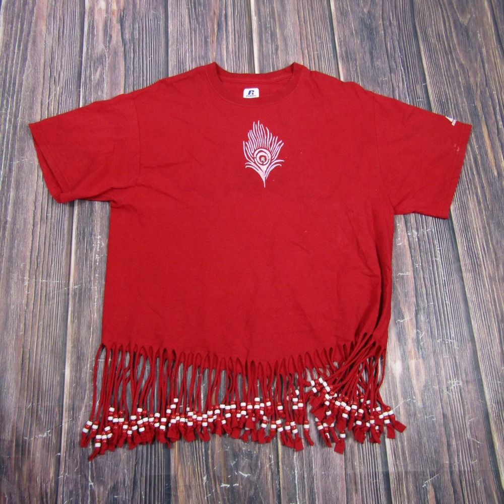 Russell Athletic Womens M Red Cropped T Shirt Fringe Beaded Crew Neck Summer